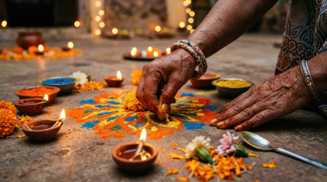 Womans hands creating a colorful Rangoli pattern with powder and diyas.