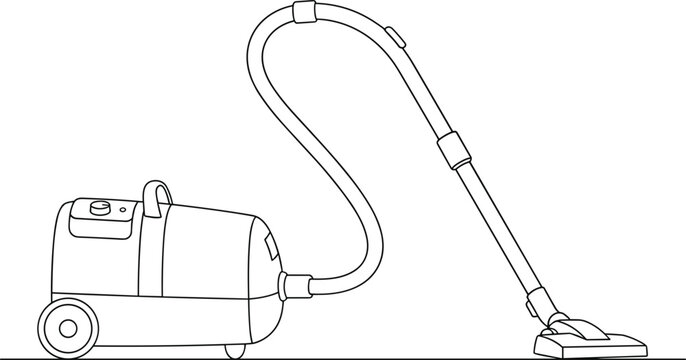 Simple black outline vacuum cleaner vector illustration with flexible hose and rolling wheel base for coloring books