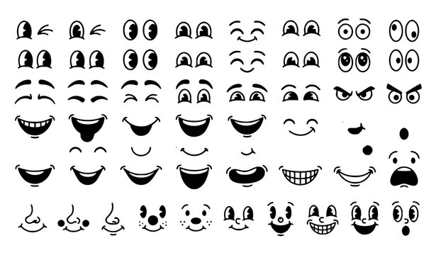 Vintage cartoon face parts with retro mascot eyes mouths smiles and classic animation expressions vector collection