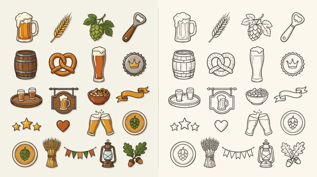 Collection of colorful and monochrome beer-related icons and symbols for Oktoberfest celebration.