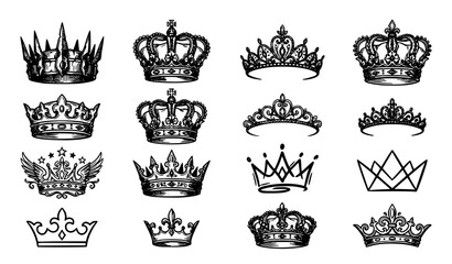 Hand drawn sketch crown vector set with royal king queen tiara imperial coronation and graffiti crown symbols © Mst Jui