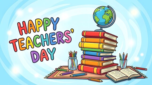 Happy teachers day colorful illustration with books globe and school supplies