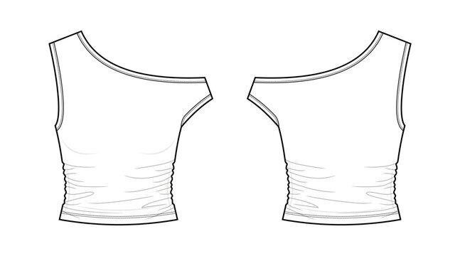 One Shoulder Ruched Knit Top Technical Fashion Illustration. Asymmetrical Side Gathered Blouse Vector Template. Front and Back View. Women&rsquo;s Apparel. CAD Mockup Set.