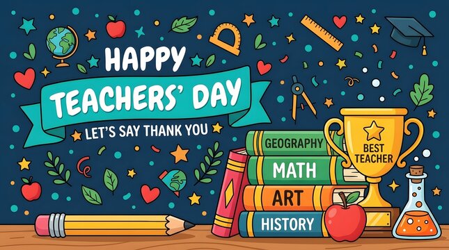 Happy teachers day celebrating educators with appreciation and school supplies illustration