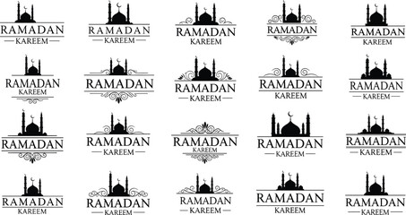 Ramadan Kareem mosque silhouette bundle, Islamic greeting vector set, black white festive clipart, holy month typography artwork © Anonto