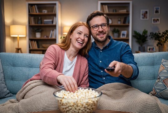 Happy couple sitting on the couch at home, watching tv and eating popcorn together in the evening