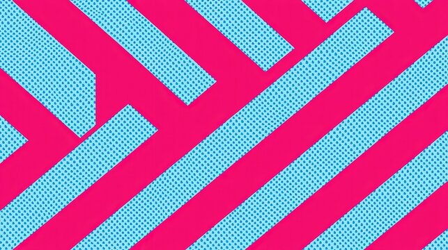 Flat two-dimensional seamless repeating geometric graphic pattern on solid vivid pink base, evenly spaced alternating diagonal light blue parallelograms filled with tiny blue dot texture, continuous f