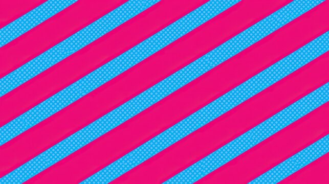 Flat two-dimensional seamless repeating geometric graphic pattern on solid vivid pink base, evenly spaced alternating diagonal light blue parallelograms filled with tiny blue dot texture, continuous f