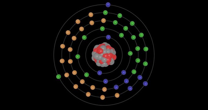3D animation of an indium atom on a transparent background showing shells, subshells, electron orbits, and a nucleus with protons and neutrons, illustrating atomic structure and energy levels.