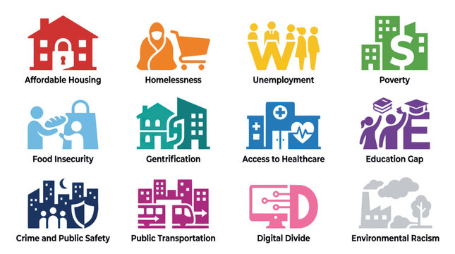 Comprehensive Glyph Style Flat Icons Set for Social Issues, Community Development, and Public Policy