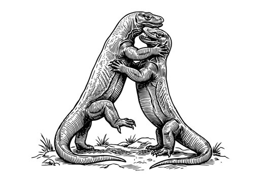 Vintage Komodo Dragon Vector Illustration Hand Drawn Monitor Lizard Reptile Black And White Engraving Line Art Sketch For Tropical Wildlife Nature Graphic Design