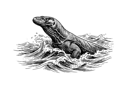 Vintage Komodo Dragon Vector Illustration Hand Drawn Monitor Lizard Reptile Black And White Engraving Line Art Sketch For Tropical Wildlife Nature Graphic Design