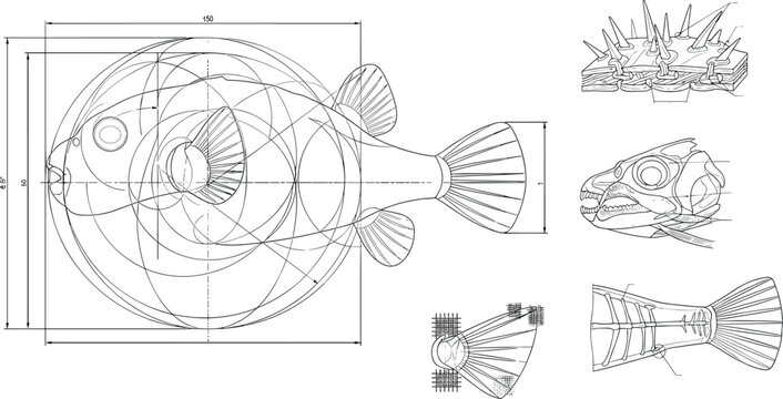 Fish Anatomy CAD Technical Line Drawing with Morphology Skeleton and Biological Structure Details