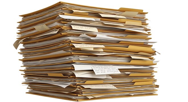 Large messy stack of manila file folders filled with documents.