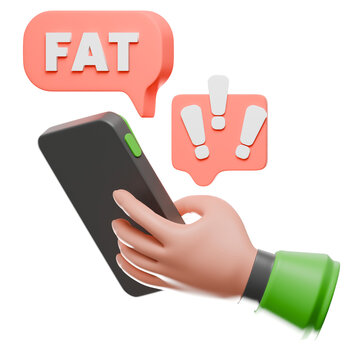 3D Body Shaming Cyberbullying Icon with Hand Holding Smartphone