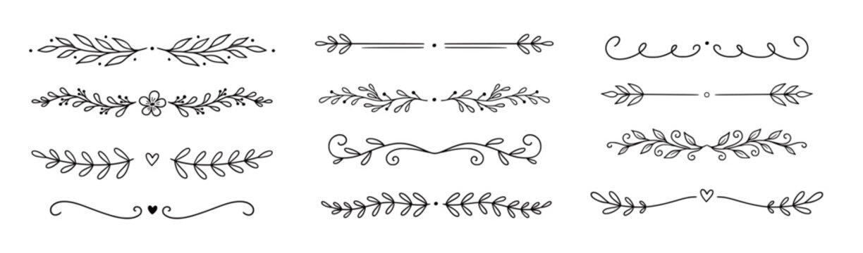 Line floral ornament leaf set. Hand drawn line floral ornament border vine doodle flower frame decor. Laurel olive divider flourish wreath botanical wedding garden vintage. Vector illustration