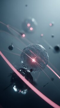Minimalist futuristic 9:16 scene of satellite debris colliding with a geometric satellite in Earth's exosphere, surrounded by floating clean-lined satellites with soft neon lighting.