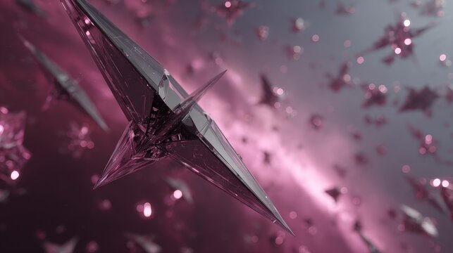 Minimalist futuristic 9:16 scene of satellite debris colliding with a geometric satellite in Earth's exosphere, surrounded by floating clean-lined satellites with soft neon lighting.