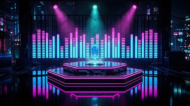 Neon music stage with digital equalizer bars.