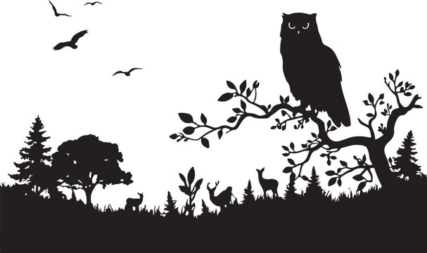 Black silhouette of owl perched on tree branch, forest