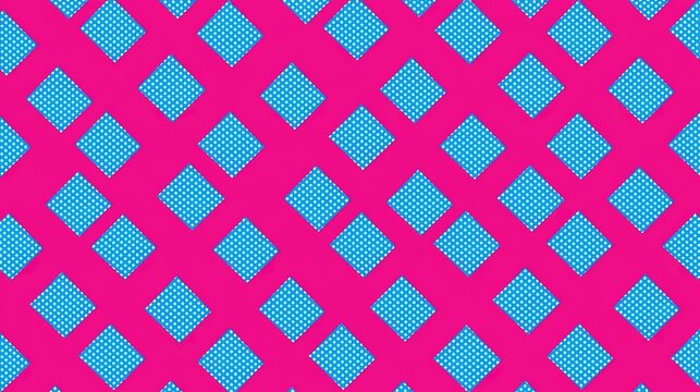 Flat two-dimensional seamless repeating geometric graphic pattern on solid vivid pink base, evenly spaced alternating diagonal light blue parallelograms filled with tiny blue dot texture, continuous f