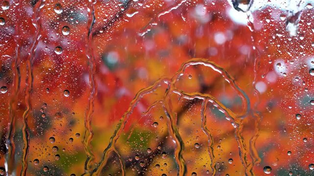 Raindrops on window glass with blurred autumn maple leaves