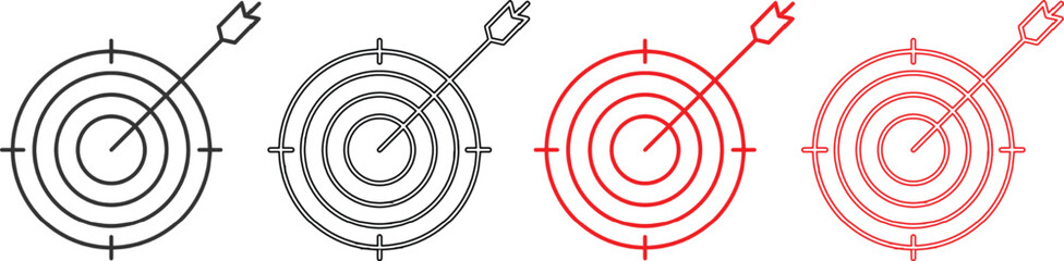 Set of target icons with arrow hitting the center for business strategy and success concepts in line art style © Asma Artwork 