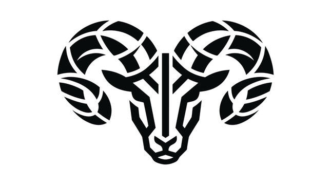 Stylized Ram Head with Large Curved Horns Geometric Design.