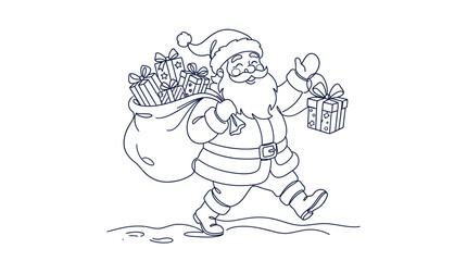Obraz premium Happy Santa Claus carrying a large sack of Christmas gifts in line art style