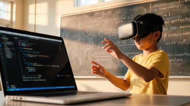 Asian Student Using Virtual Reality Headset for Coding and Interactive Learning in a School Classroom for Immersive STEM Education Curriculum