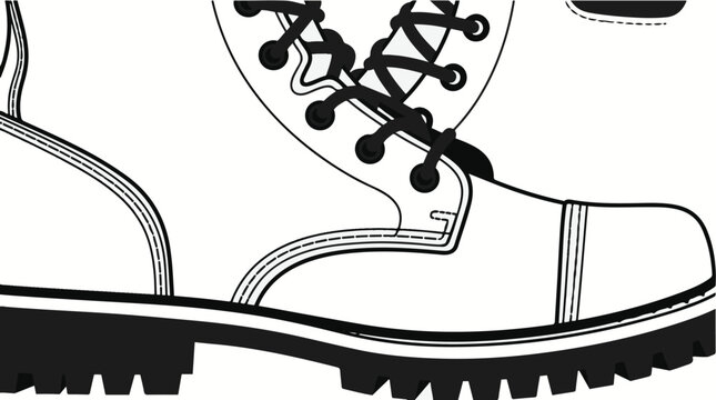 Combat boots vector line art with heavy lug sole and laces