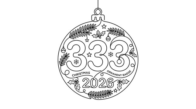Minimalist Continuous Line Art Christmas Ornament with Number 333 and 2026 Year