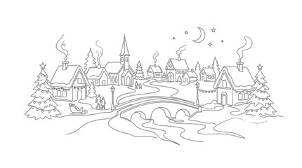 Obraz premium Minimalist continuous line drawing of cozy winter village with snowy houses and bridge