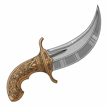 Arabian curved dagger vector illustration, traditional middle eastern khanjar knife with ornate hilt isolated on white background