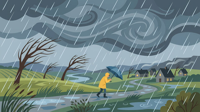 Lonely Person in Yellow Raincoat Walking with Blue Umbrella during a Heavy Thunderstorm in a Rural Village Landscape