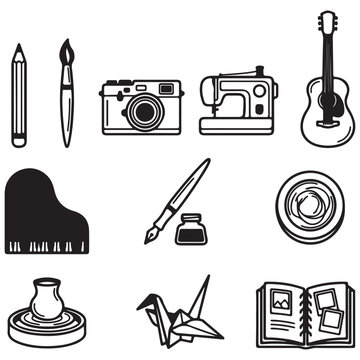 Creative Arts and Crafts Icons Set Featuring Music, Photography, Painting, Sewing and Handmade Hobbies