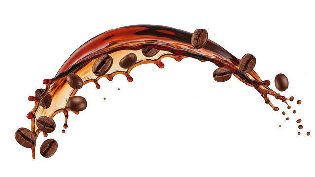 Roasted coffee beans falling with liquid splash caffeine beverage