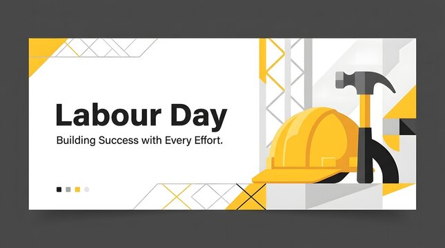 Labour day promotional banner featuring yellow helmet and hammer with geometric abstract graphics.