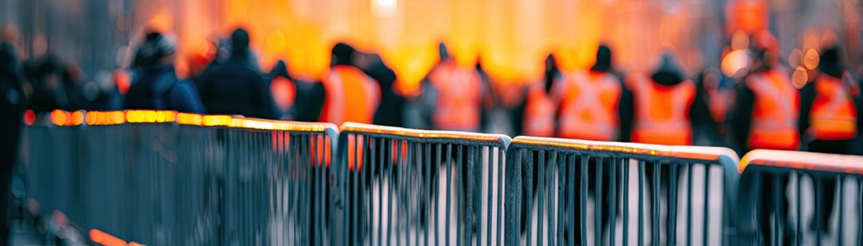 Blurred crowd behind metal barricades, some wearing bright orange vests