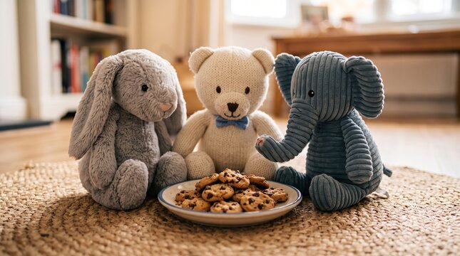 Stuffed Animal Friends Sharing a Plate of Freshly Baked Chocolate Chip Cookies