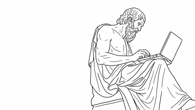 Ancient greek philosopher using a modern laptop, wise philosopher working on computer device, bearded philosopher line art illustration on white background sketch