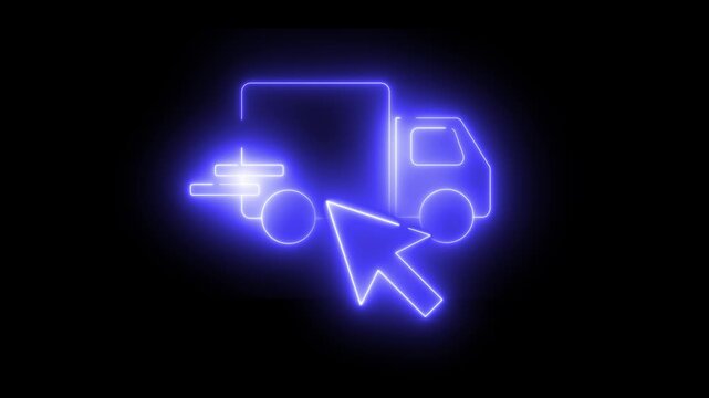 Neon blue truck icon glows against dark background. Cursor arrow points toward delivery vehicle. Icon pulses softly with each keyframe. Digital delivery concept visual. Ideal for e-commerce, logistics