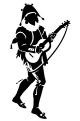 Obraz premium Bold black silhouette of a medieval jester playing a lute in a lively dancing pose, minimalist illustration perfect for Renaissance, music, entertainment, and historical themes.