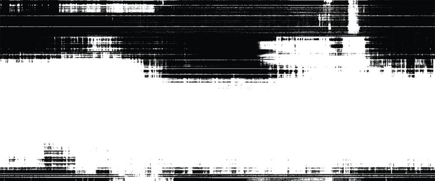 Abstract black and white horizontal lines and pixelated shapes on white background