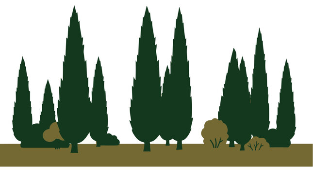 Mediterranean cypress tree vector silhouette landscape set