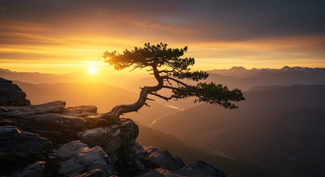 Solitary Pine Tree on Mountain Cliff at Sunset with Vibrant Sky and Distant Mountain Range