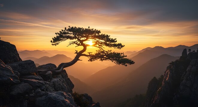 Silhouetted Pine Tree on Mountain Cliff During Vibrant Sunset with Warm Colors