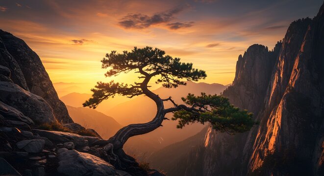Lonely Pine Tree Growing on Rocky Mountain Cliff During Sunset