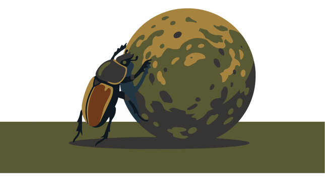 Dung beetle vector pushing a ball of manure across the ground