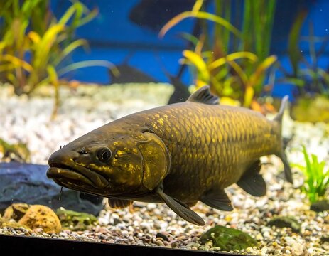 Large predatory wolf fish swimming in freshwater aquarium tank.